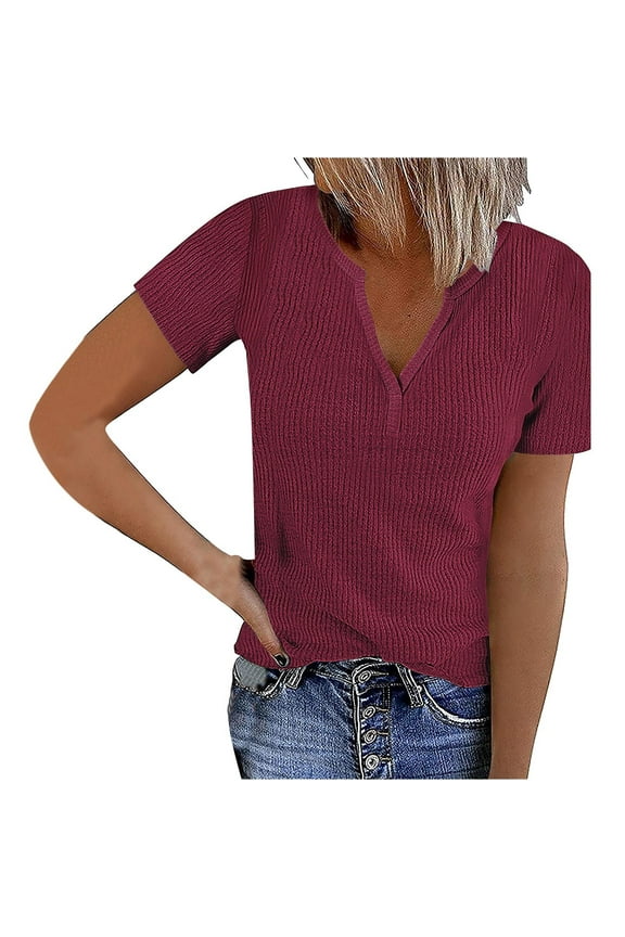 Tops for Women Short Sleeve Notched V-Neck Ribbed Slim Comfy Blouse Summer Casual Shirt Tops