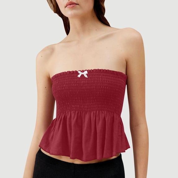 Timegard Tops for Women Smocked Bow Strapless Ruffle Ruched Crop Tops Summer Fashion Sleeveless Cute Tops