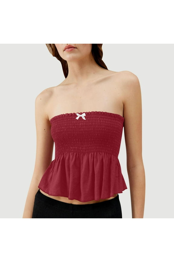Tops for Women Smocked Bow Strapless Ruffle Ruched Crop Tops Summer Fashion Sleeveless Cute Tops