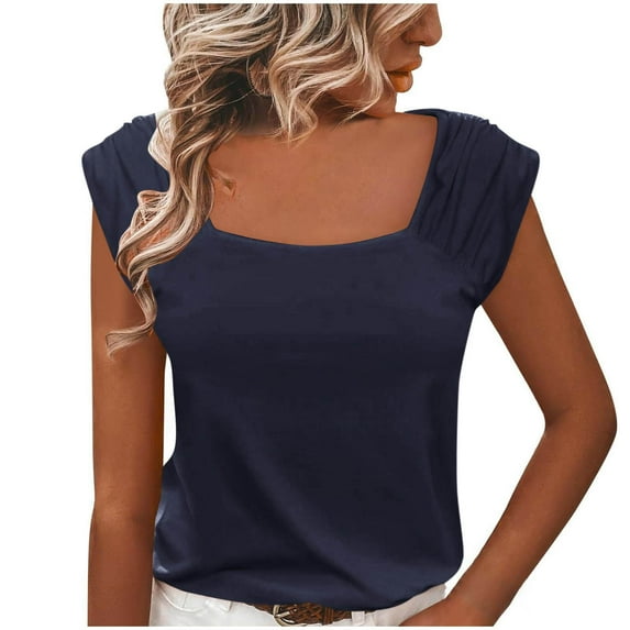 Timegard Tops for Women Square Neck Cap Sleeve Ruched Slim Fitting Comfy Causal Solid Color Tops Tee