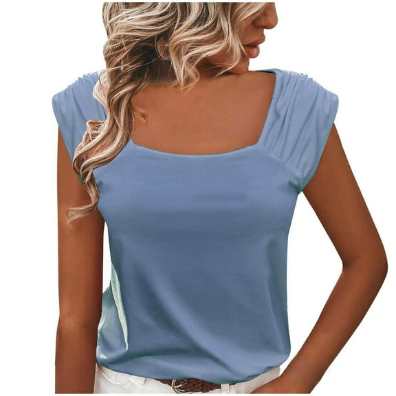 Timegard Tops for Women Square Neck Cap Sleeve Ruched Slim Fitting Comfy Causal Solid Color Tops Tee