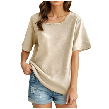 Timegard Tops for Women Square Neck Short Sleeve Loose Casual Solid Color Blouse Tops Spring Summer