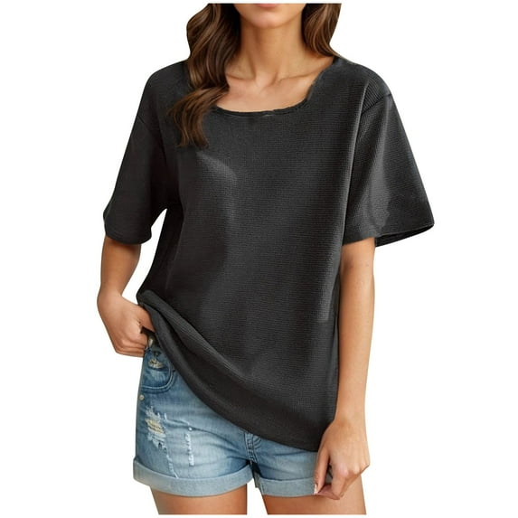 Timegard Tops for Women Square Neck Short Sleeve Loose Casual Solid Color Blouse Tops Spring Summer