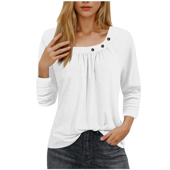 Timegard Tops for Women Square Round Neck Button Ruched Drop Shoulder Casual Comfy Long Sleeve Blouse