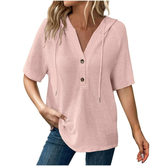 Timegard Tops for Women Summer Beach Travel V Neck Button Hoodies Tops Loose Solid Color Comfy Tee