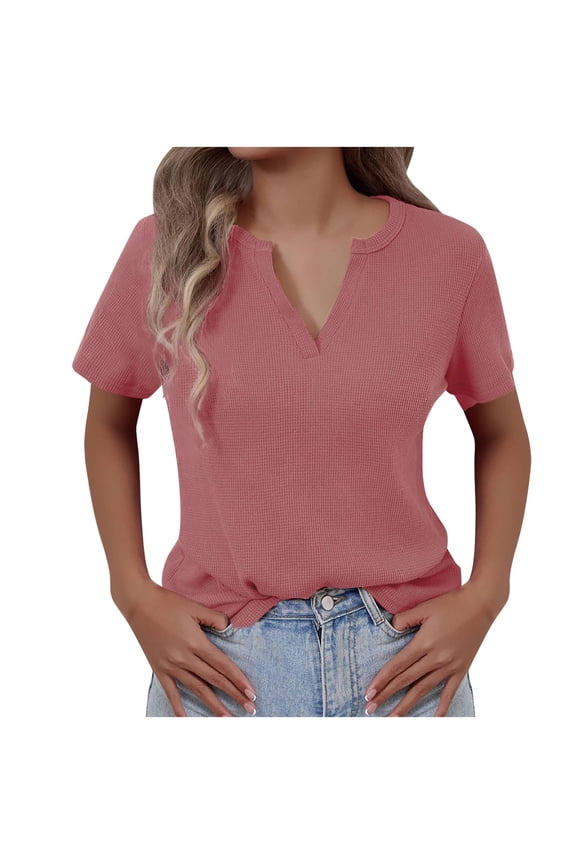 Tops for Women Summer Casual Notch V Neck Short Sleeve Solid Color Travel Tee Shirts Fashion