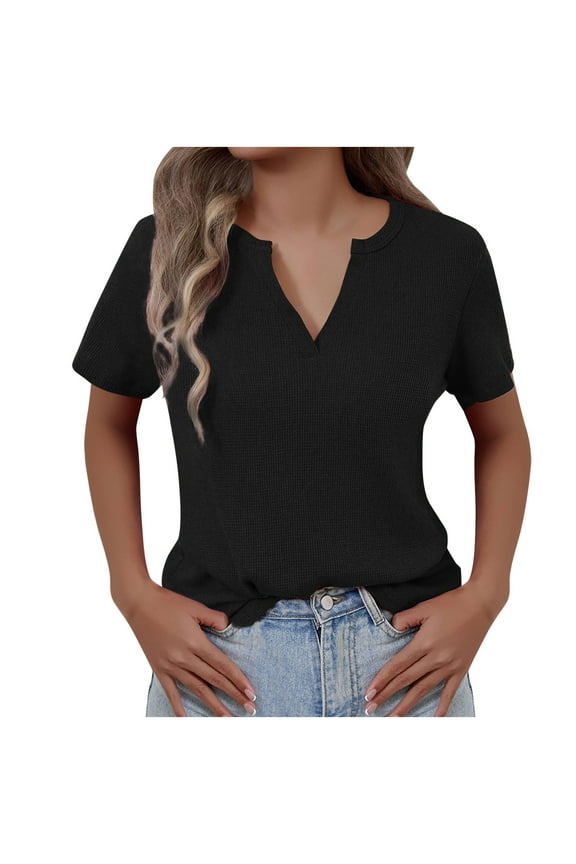 Tops for Women Summer Casual Notch V Neck Short Sleeve Solid Color Travel Tee Shirts Fashion