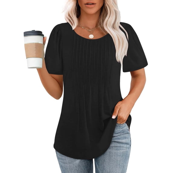 Timegard Tops for Women Summer Scoop Neck Pleated Ruched Short Sleeve Tunic Tops Dressy Casual Blouse