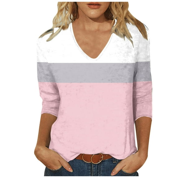Timegard Tops for Women Trendy 3/4 Sleeve V Neck Color Block Drop Shoulder Casual Loose Comfy Blouse