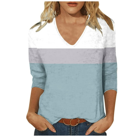 Timegard Tops for Women Trendy 3/4 Sleeve V Neck Color Block Drop Shoulder Casual Loose Comfy Blouse