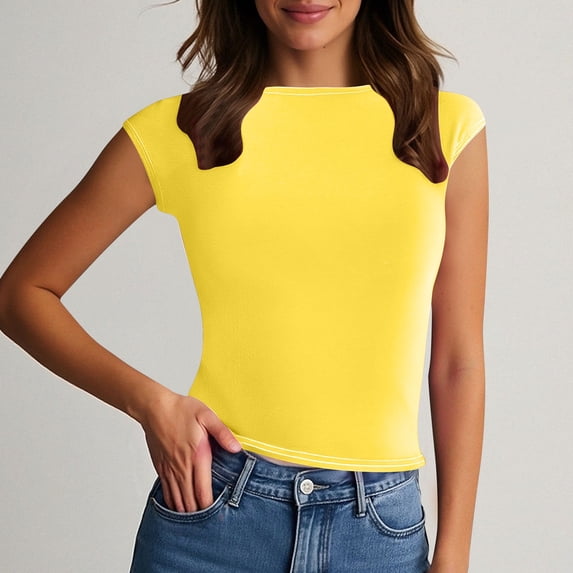 Timegard Tops for Women Trendy Cap Sleeve Slim Fitting Backless Cropped Tee Casual Solid Color Going out Tops