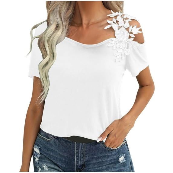 Timegard Tops for Women Trendy Cold Shoulder Lace Strap Short Sleeve Solid Color Casual Tee Fashion