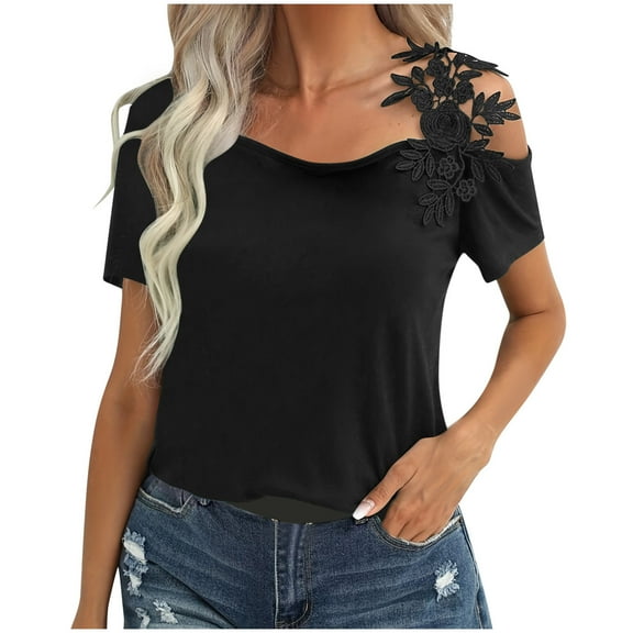 Timegard Tops for Women Trendy Cold Shoulder Lace Strap Short Sleeve Solid Color Casual Tee Fashion