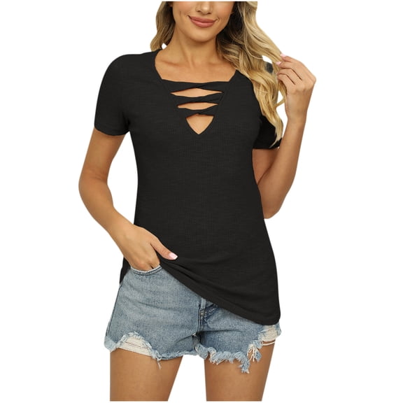 Timegard Tops for Women Trendy Deep V Neck Slim Fitting Comfy Tee Shirts Casual Short Sleeve Crisscross Tops