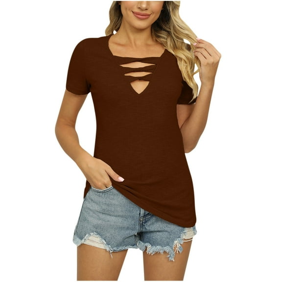 Timegard Tops for Women Trendy Deep V Neck Slim Fitting Comfy Tee Shirts Casual Short Sleeve Crisscross Tops