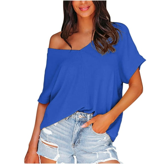 Timegard Tops for Women Trendy Drop Shoulder V Neck Loose Lightweight Travel Casual Solid Color Tops Summer