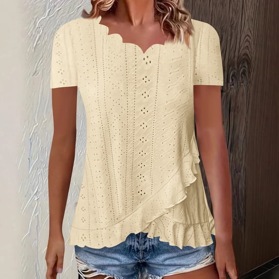 Timegard Tops for Women Trendy Eyelet Ruffle Short Sleeve V Neck Irregularly Dressy Casual Tunic Tops
