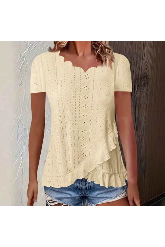 Tops for Women Trendy Eyelet Ruffle Short Sleeve V Neck Irregularly Dressy Casual Tunic Tops