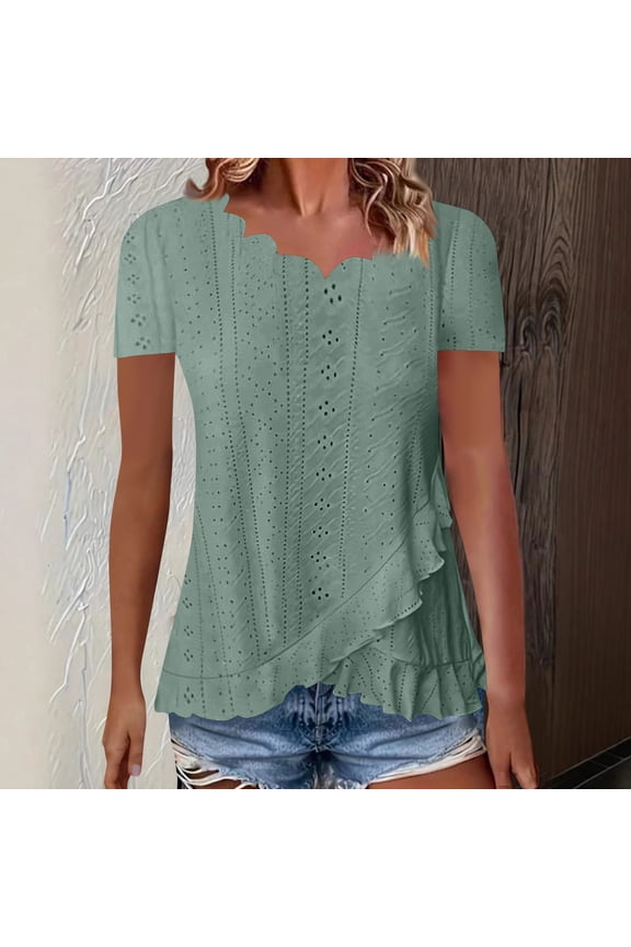 Tops for Women Trendy Eyelet Ruffle Short Sleeve V Neck Irregularly Dressy Casual Tunic Tops