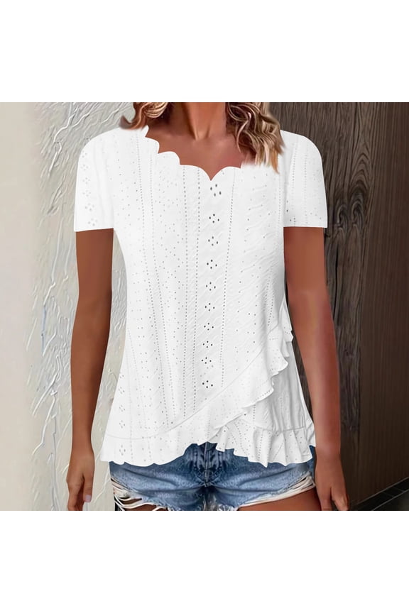 Tops for Women Trendy Eyelet Ruffle Short Sleeve V Neck Irregularly Dressy Casual Tunic Tops