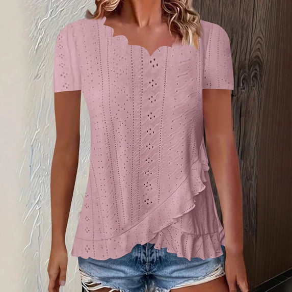 Timegard Tops for Women Trendy Eyelet Ruffle Short Sleeve V Neck Irregularly Dressy Casual Tunic Tops