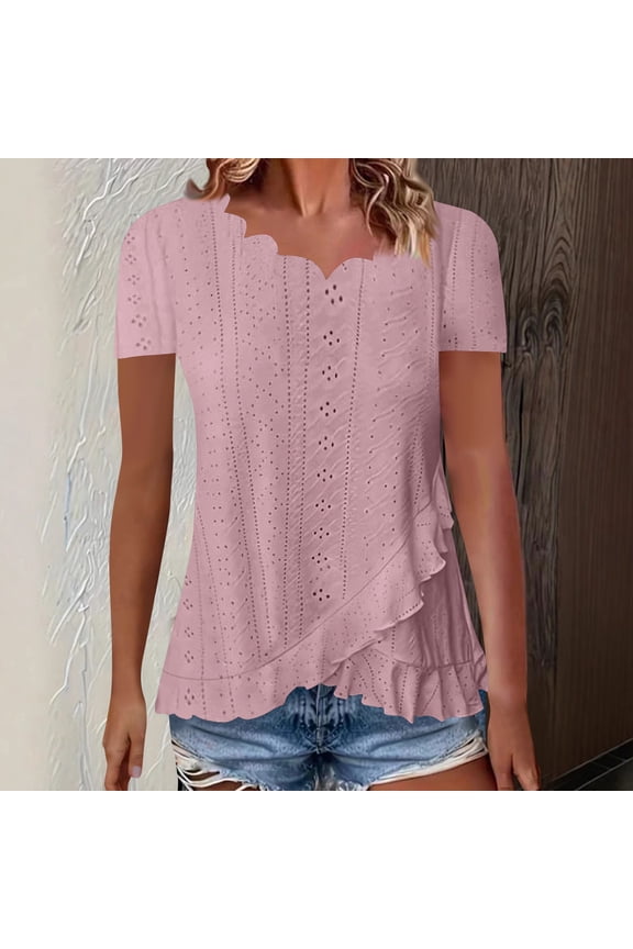Tops for Women Trendy Eyelet Ruffle Short Sleeve V Neck Irregularly Dressy Casual Tunic Tops
