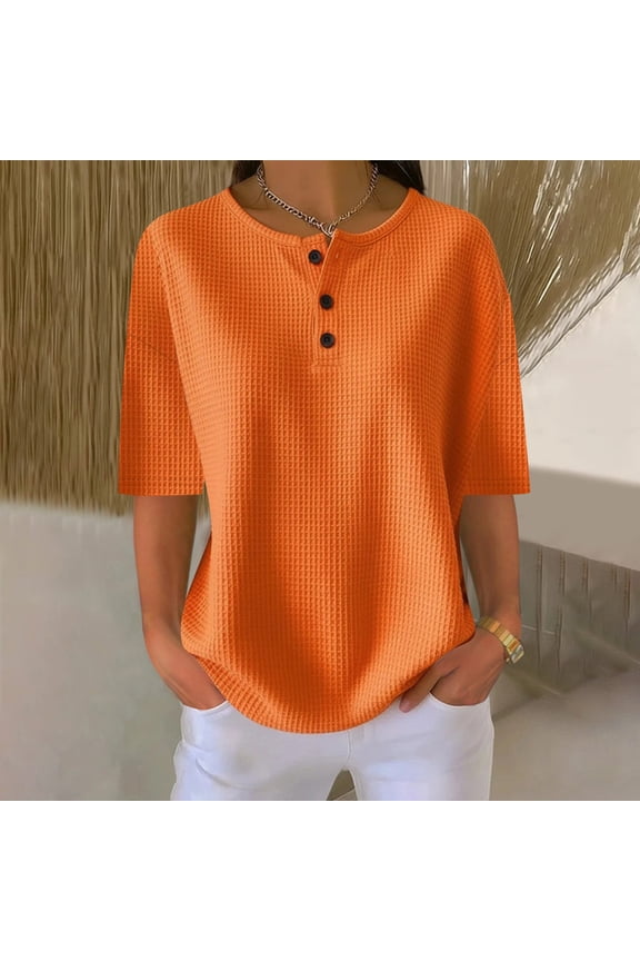 Tops for Women Trendy Half Neck Loose Comfy Blouse Notch Neck Button Drop Shoulder Tee Tops