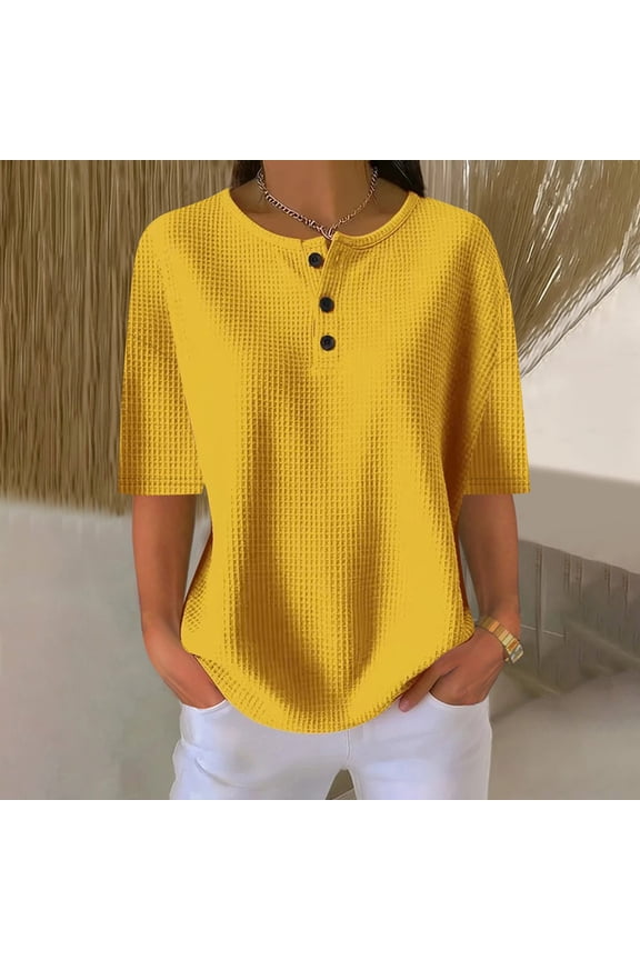 Tops for Women Trendy Half Neck Loose Comfy Blouse Notch Neck Button Drop Shoulder Tee Tops