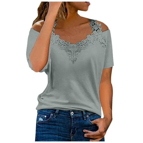 Timegard Tops for Women Trendy Plus Size Lace Strap Cold Shoulder Slim Fitting Tunic Tops Dressy Casual