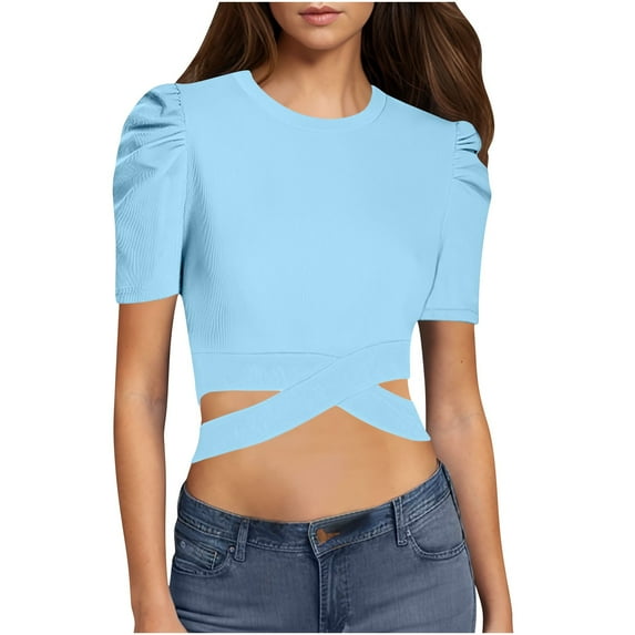 Timegard Tops for Women Trendy Puff Short Sleeve Crewneck Slim Fitting Casual Solid Color Top Summer