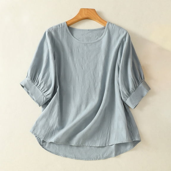 Timegard Tops for Women Trendy Round Neck Puff Half Sleeve Solid Color Casual Loose Lightweight Blouse