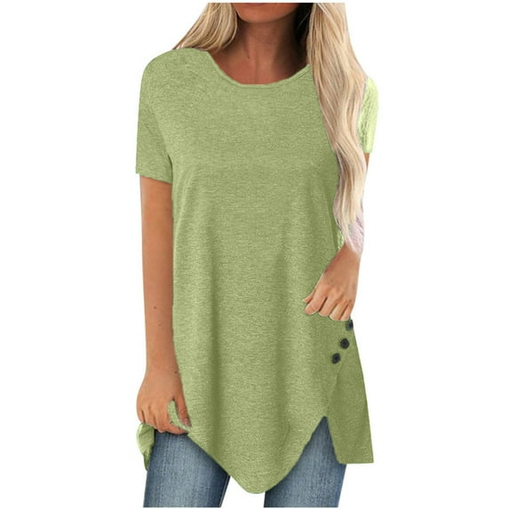Timegard Tops for Women Trendy Round Neck Short Sleeve Button Irregularly Mid Long Blouse Tunic Tops Dressy Casual