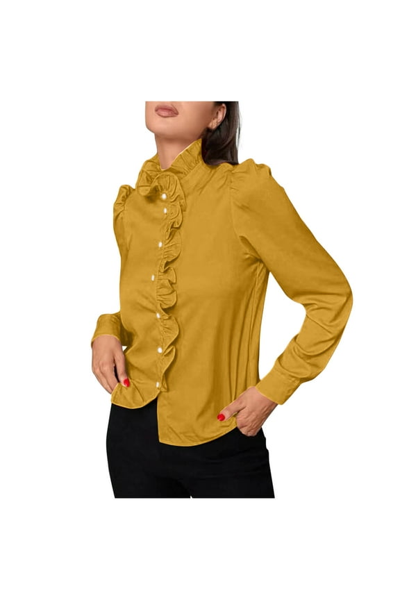 Tops for Women Trendy Ruffle Half High Neck Button Puff Long Sleeve Comfy Casual Business Shirts