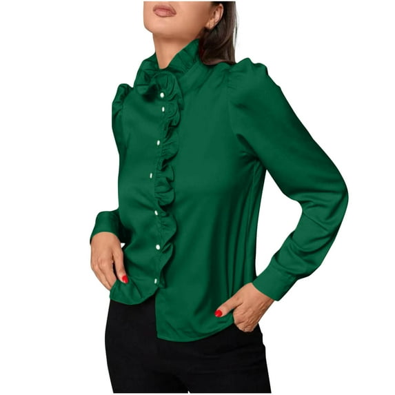 Timegard Tops for Women Trendy Ruffle Half High Neck Button Puff Long Sleeve Comfy Casual Business Shirts