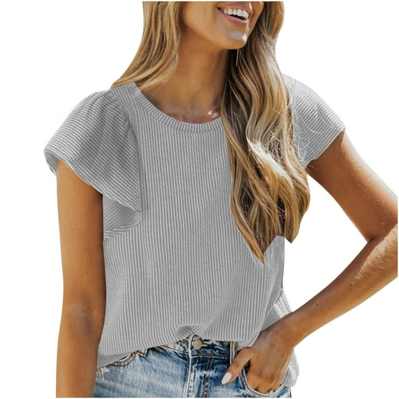 Timegard Tops for Women Trendy Ruffle Short Sleeve Slim Solid Color Knit Tee Casual Going out Tops Summer
