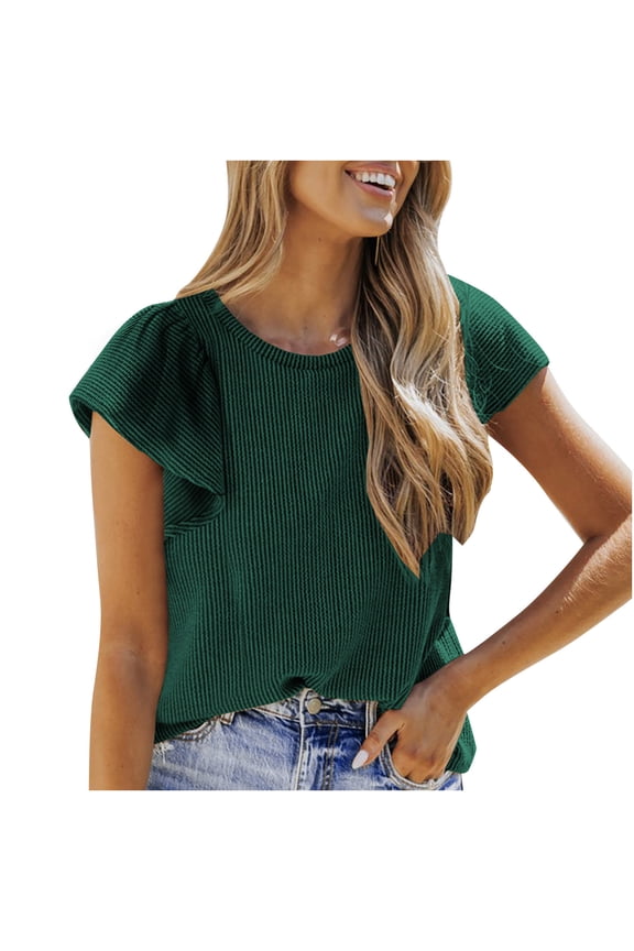 Tops for Women Trendy Ruffle Short Sleeve Slim Solid Color Knit Tee Casual Going out Tops Summer