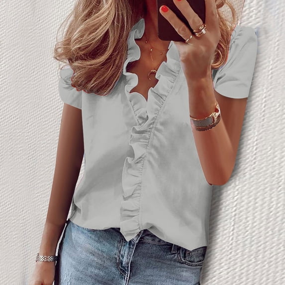 Timegard Tops for Women Trendy Ruffle V Neck Fitting Work Travel Casual Tee Shirts Short Sleeve Tops