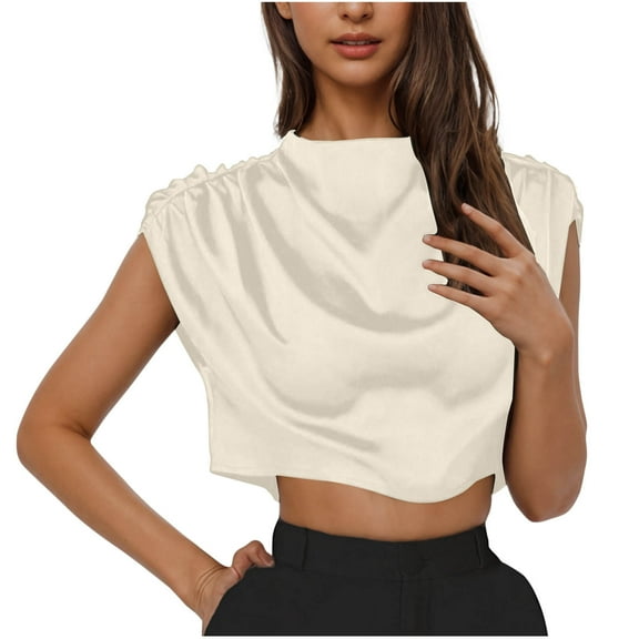 Timegard Tops for Women Trendy Satin Ruched Short Sleeve Back Button Cropped Top Slim Comfy Casual