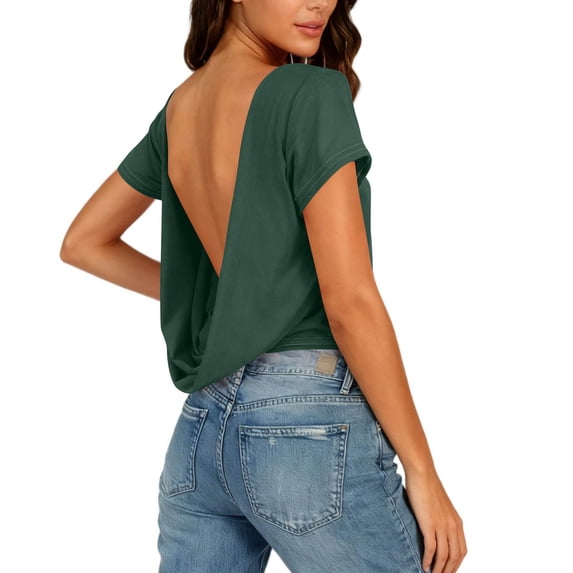 Timegard Tops for Women Trendy Scoop Neck Short Sleeve Cropped Tee Backless Slim Comfy Tops Summer