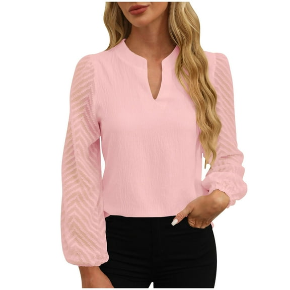 Timegard Tops for Women Trendy V Neck Mesh Puff Long Sleeve Ruched Loose Blouse Dressy Casual Shirts