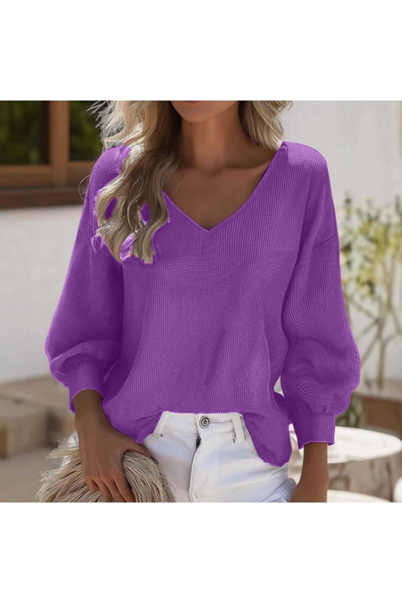 Tops for Women Trendy V Neck Puff Below Elbow Sleeve Travel Casual Loose Drop Shoulder Blouse