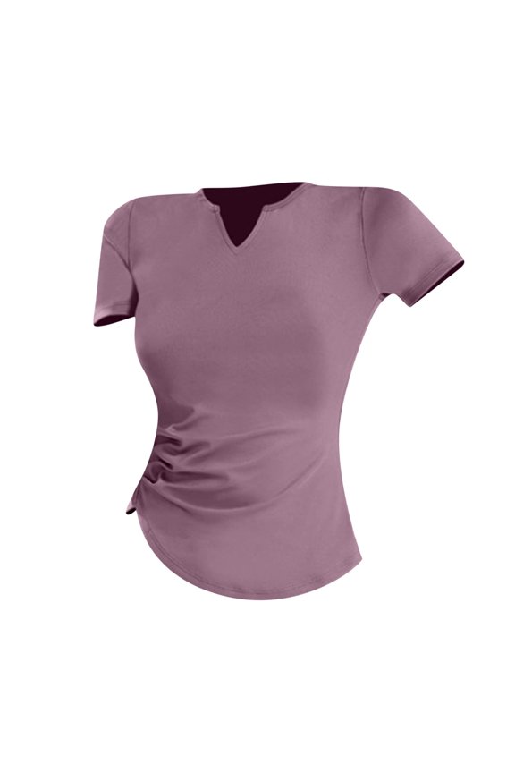 Tops for Women Trendy V Neck Short Sleeve Side Ruched Slim Solid Color Casual Workout Tee Shirts
