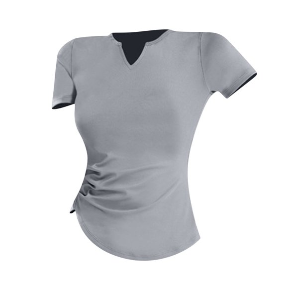Timegard Tops for Women Trendy V Neck Short Sleeve Side Ruched Slim Solid Color Casual Workout Tee Shirts