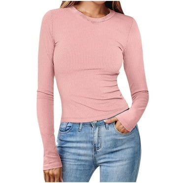 Timegard Tops for Women Ribbed Undershirts Scoop Neck Long Sleeve Solid Color Top Fall Casual Slim Tops