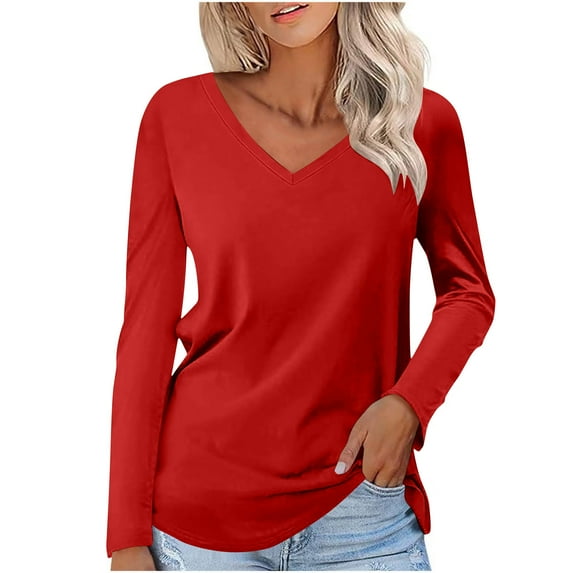 Timegard Tops for Women V Neck Comfy Long Sleeve Tops Basic Tee Casual Solid Color Mid Long Blouse