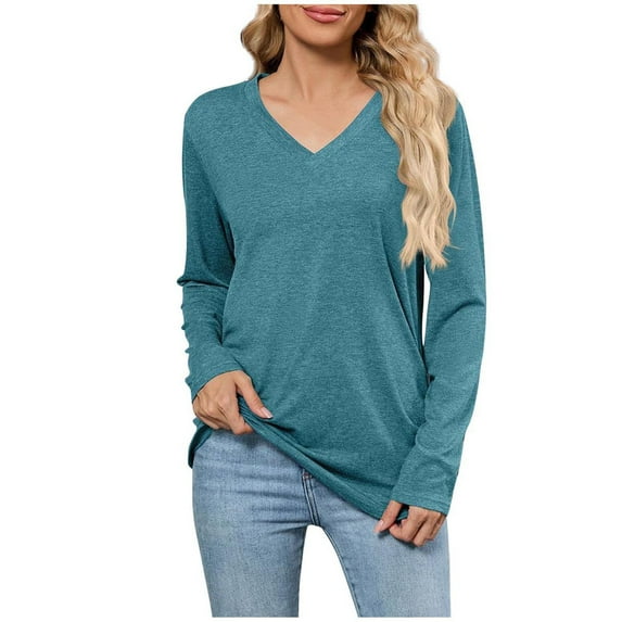 Timegard Tops for Women V Neck Long Sleeve Solid Color Loose Comfy Blouse Casual Ruched Fitting Shirts Tops