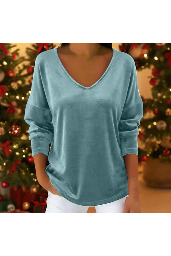 Tops for Women Velvet V Neck Drop Shoulder Long Sleeve Loose Blouse Casual Shirts Tops Trendy