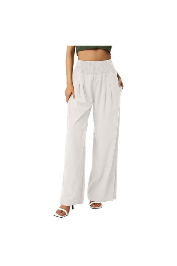 Travel Pants for Women Wide Leg Ruched Smock High Waist Side Split Casual Loose Trousers Fall