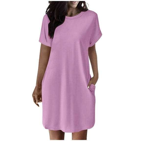 Timegard Tshirt Dress Women Short Sleeve Crewneck Basic Solid Color Dress Casual Comfy Dress with Pockets