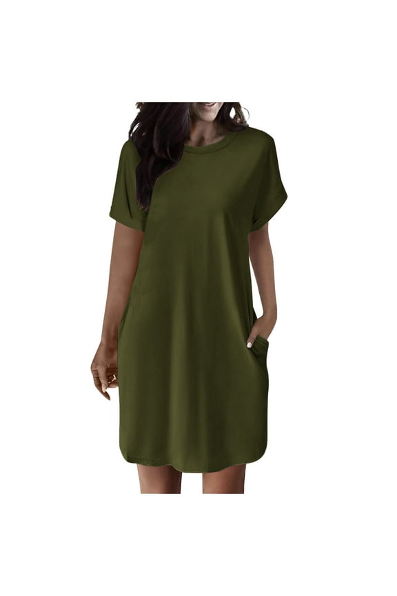 Tshirt Dress Women Short Sleeve Crewneck Basic Solid Color Dress Casual Comfy Dress with Pockets